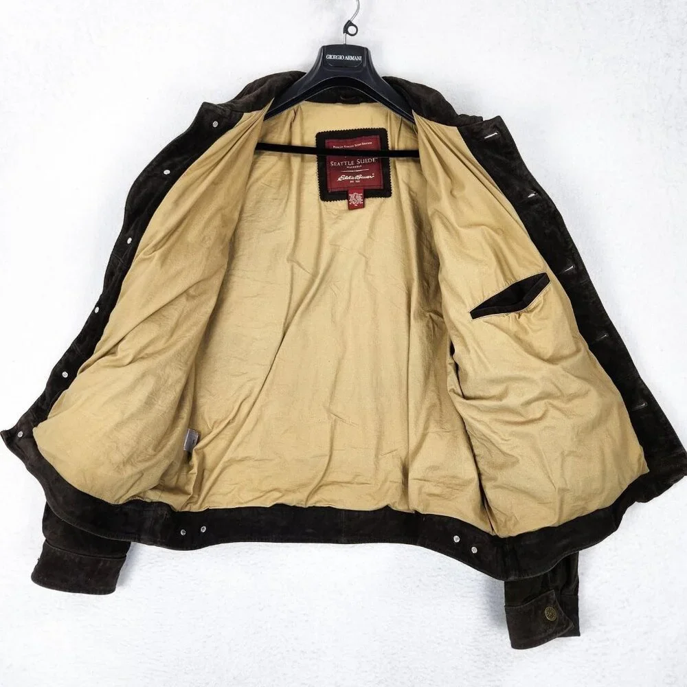 Eddie Bauer Jacket Mens XL Brown Seattle Suede Leather Washable Button Front - Picture 9 of 14